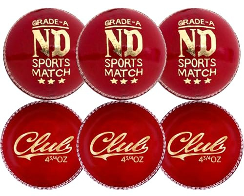ND Sports Premium Grade Leather Cricket Ball for youth Weight 135gm – Ideal for Practice, Training, and Matches – Available in Pack of 6 for Junior (Red, Pack of 6)