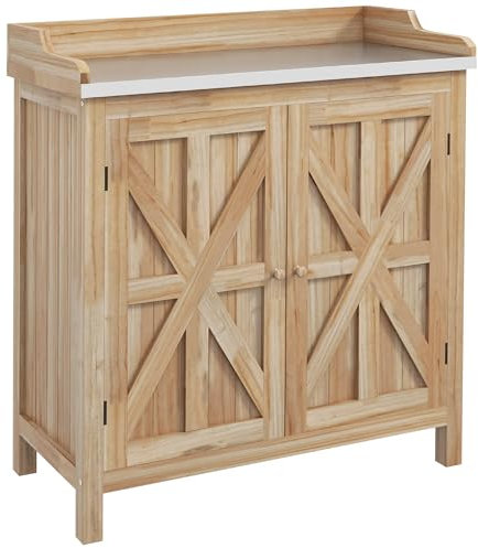 Outsunny Pflanztisch mit 2 Regalen, Aufbewahrungsschrank für den Garten, mit verzinkter Platte, rutschfeste Füße, aus Massivholz, Naturholz