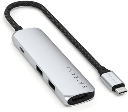 SATECHI 4 en 1 Hub USB C Slim Plus Adaptateur Multiport avec Charge PD 100W, HDMI 4K@60Hz et 2X Ports USB-A Données 10Gbps pour MacBook Air/Pro/Neo, PC Portable et Plus – Argent