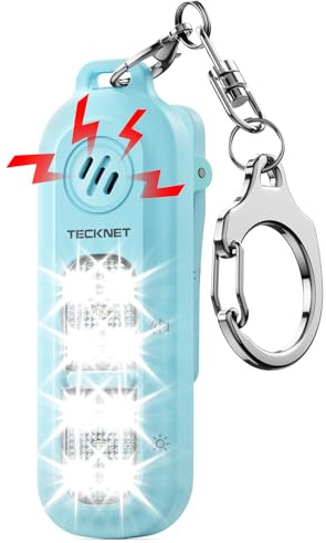 TECKNET 130dB Personal Alarms for Women with SOS Strobe Light, Rechargeable Clip On Torch & IPX4 Waterproof Running Lights, Safety Siren Panic Alarm with Keychain for Runners Kids and Elderly - Blue