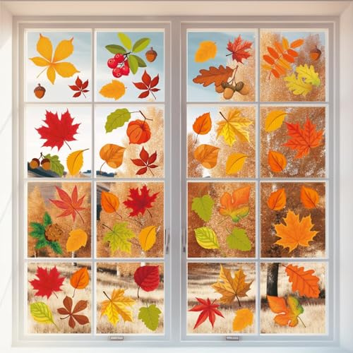 Fall Window Clings, 9 Sheets Autumn Maple Leaf Window Decals Clings for Glass Windows Thanksgiving Decorations