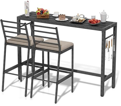 AeasyG Juego de 3 Barras de Bar para Exteriores para terrazas, Mesa de Bar de 55 Pulgadas con Barras, Junto con 2 taburetes, Barra metálica para Exteriores M Bel-Set