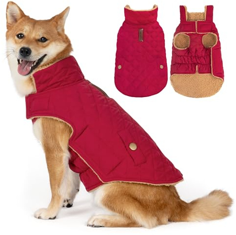 Vitiswap Dog Coat, Warm Winter Dog Waterproof Jacket for Medium Dogs, Fleece Lined Adjustable Dogs Coats Cold Weather Windproof Doggie Snowsuit with Leash Hole, Red X-Large