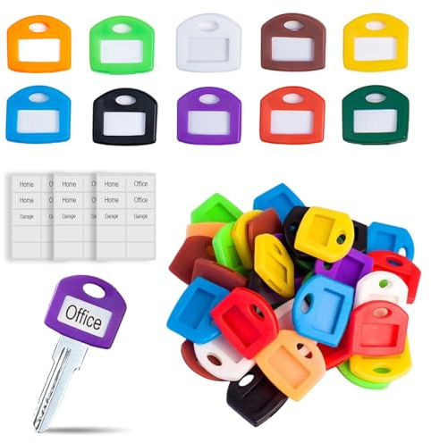 Feegela 30 Piezas Fundas para Llaves Cuadradas con Etiquetas, Identificador de Llaves de Silicona con Etiquetas y Láminas Protectoras, Llaveros Plastico con Etiqueta para Organización - 10 Colores