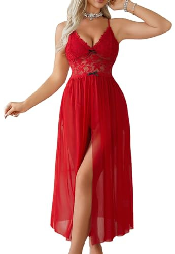 ROSVAJFY Women's Sexy Mesh Lingerie, Transparent Spaghetti Straps Lace Floral Long Chemise for Nightwear, Loungewear, Holiday (Red, One Size)