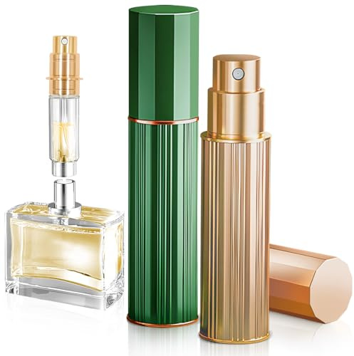 Joollurm 10ML Perfume Atomiser Perfume Travel Bottle, 2Pcs Refillable Atomiser Bottles, Leakproof Portable Mini Spray Bottle for Travel, Handbag, Pocket, Ideal for Women, Men, Gold & Green
