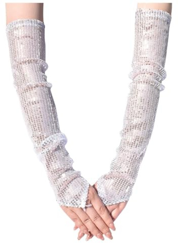 Qiantull Damen Pailletten Handschuhe Fingerlose Ellenbogen Lang Abendhandschuhe Armstulpen Glänzend Handschuhe Kostüm Accessories für Hochzeit Abschlussball Nachtclub Clubwear Party Silber