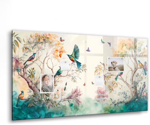 Tableau magnétique verre trempé | Whiteboard effaçable, résistant et moderne | Inclut aimants puissants pour planification et notes - 120x60cm - Fleurs, oiseaux, nature
