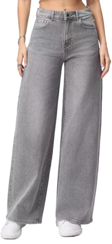 vittorio y Jeans Donna Vita Alta Larghi Baggy Wide Leg Fit Jeans (IT, Testo, XS, Regular, Regular, Grigio)