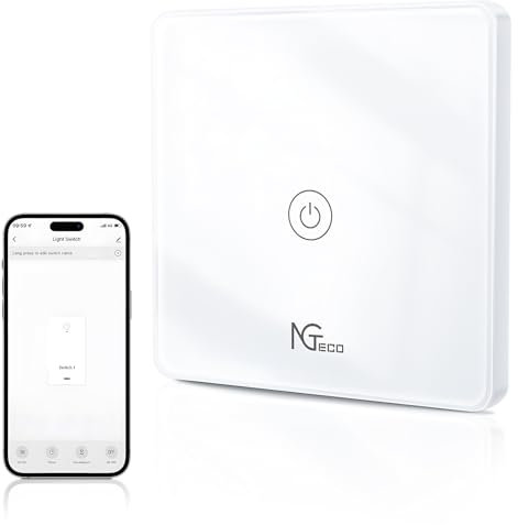 NGTeco Interruttore tattile WiFi in vetro, 1 gruppi a 1 via, interruttore a parete compatibile con Alexa e Google Home (richiede un filo neutro)