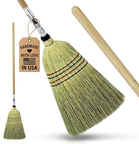 Handmade Amish Corn Broom with Wooden Handle – 57 Heavy Duty Broom for Courtyard, Lobby & Market, 100% Corn Fill Straw Broo'm, 4 Sews Indoor & Outdoor Bristle for Sweeping - Yellow