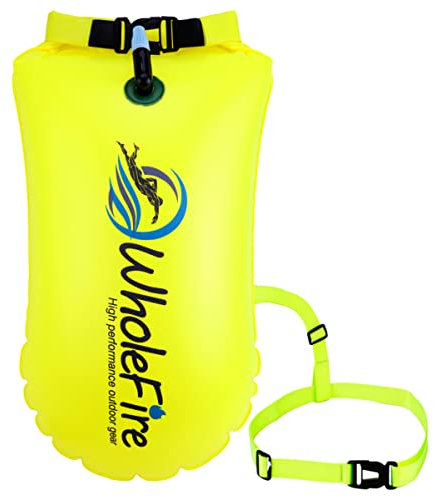 WholeFire Schwimmring 20L, wasserdicht, aufblasbar, Sicherheitsschwimmer für Wassersport, Freiwasserschwimmer, Triathleten, Kajakfahrer und Schnorchel – Sehr sichtbarer Schleppschwimmer (gelb)