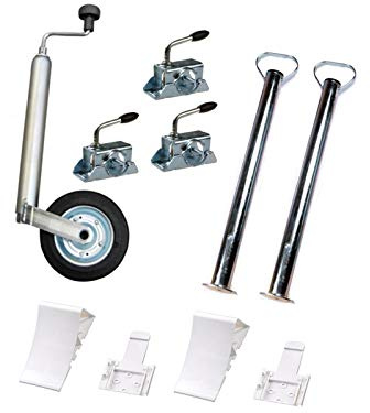 Kit d'accessoires pour remorque de voiture : roue stabilisatrice, supports 700 mm, support de serrage, cales avec support (blanc)
