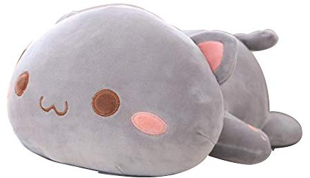 OUKEYI Morbido cuscino in peluche a forma di gattino anime, morbido, imbottito, per bambini (grigio)