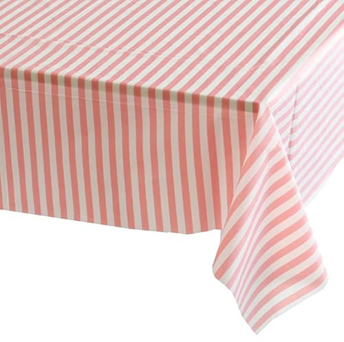 137*274cm Pink and White Stripes TableCloth Table Covers Party,Disposable Rectangular Tablecover Plastic Pink Table Cloth Party for Picnic,Baby Shower,Wedding,Christmas,Birthday Parties Decorations