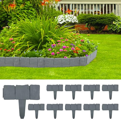 Forever Speed Borduras Jardin 40PCS Borduras Jardin Borduras Césped Plástico Valla Bordes Gris Efecto de Piedra 10m Borde de Jardín Decoración Valla de Jardín para Jardín Césped