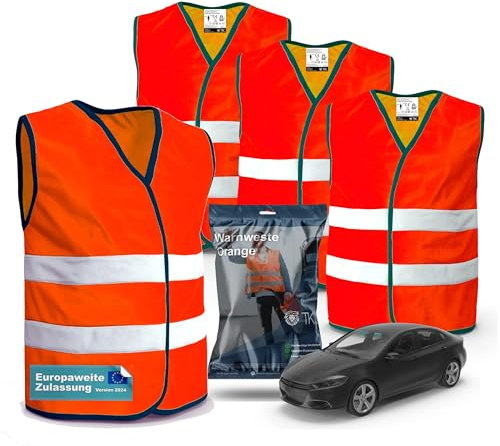 4x Stück Warnwesten Auto orange 2026 gemäß ISO20471 - PKW & LKW Sicherheitswesten für Sicherheit im StVO - Autozubehör (4er-Warnweste-orange)