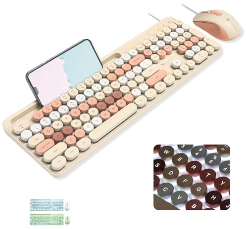 X9 Wired Keyboard and Mouse Combo - Backlit Keyboard with Round Keycaps, 109 Silent Fullsize Keys with Phone/Tablet Dock, Backlit Pastel Colorful Keyboard for Laptop, PC, Chrome - Brown