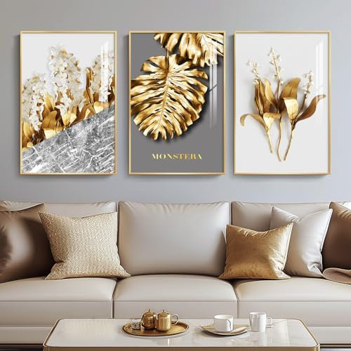 Framed Modern Luxury Gold Wall Art, Set of 3 Piece Contemporary Paintings Artwork for Walls, Golden Leaf Prints with Gold Frame, Pictures for Living Room, Hallway, Bedroom, Office Wall Decor 16x24