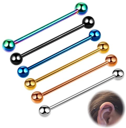 BIKPRST 6Pcs En Acier Chirurgical Piercing Industriel Barbell 14Gauge 34Mm Cartilage Oreille Piercing Bijoux
