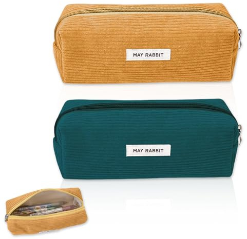 2 Pièces Trousse Scolaire Trousse Crayon de Couleur Pochette Tissu | 19 x 6 x 7 cm Zippée Trousse à Crayons en Velours Côtelé Trousse de Maquillage Pochette Zippée Trousse Scolaire (Vert/Jaune)