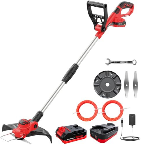 Desbrozadora Batería, Bamse Desbrozadora Electrica Brushless, Recortadora de Cortabordes Bateria 21V con 2 Baterías 2.0Ah, 2 Cuchillas, 2 Bobina de Hilo de 5 m, Mango Ajustable, Tubo Telescópico