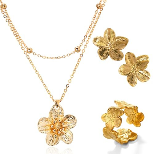 AHEJIOO 3er-Set Schmuck, Goldene Ohrringe Damen, Blumen Ohrringe Goldene, Gold Schmuck, Ring Gold, Vintage Goldschmuck Set Mit Blumen Halskette Und Ring, Ideal Für Hochzeiten Und Besondere Anlässe