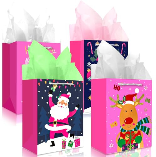 Gift Bags Christmas with Tissue Paper,18CM Medium Xmas Gift Bag with handles,Christmas wrap bag with Santa Claus Snowman Nutcracker Snowflake Deer Tree Design for Present (4PCS,Fluorescent peach pink)