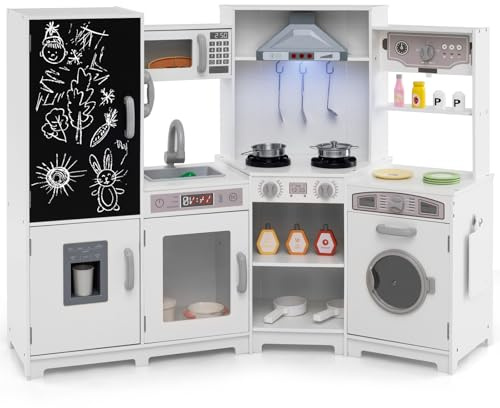COSTWAY Cuisine Enfant d'angle avec Lumière & Effet Sonore, Jeu de Cuisine Enfant avec Tableau Noir & Micro-Ondes & Cafetière, 9 Accessoires, Jeu de Cuisine pour Garçons Filles de 3 Ans+ (Blanc)