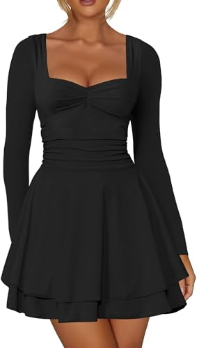Kaximil Women's Long Sleeve Square Neck Mini Dress Ruched Ruffle Corset A Line Party Short Dresses, Medium, Black