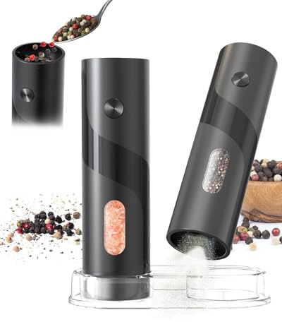 Elektrische Salz- und Pfeffermühle, Top-Befüllung 5-stufige Mahlgrad-Einstellung, 120ml Großes Fassungsvermögen, 2er Set Pfeffermühle Batteriebetriebenen - Komplett mit Sockel und weißem LED-Licht