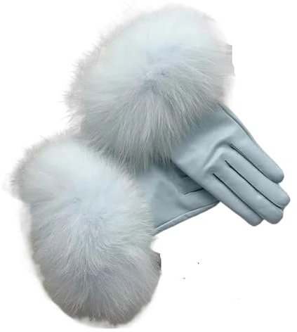 XUWEWI Läderhandskar för damer damhandskar fluffigt stort läder vinter plus sammet chic damer ljusblå kort, Ljusblått, L