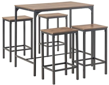 Songvas Tavolo Bar con 4 Sgabelli, Set Tavolo Alto Cucina 5 Pezzi, Tavolo da Bar 100 × 60 × 90 cm, Sgabelli 30 × 40 × 65 cm, Struttura in Metallo e MDF, Stile Industriale Vintage(Marrone retrò)