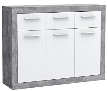 FORTE Baccio Kommode mit 3 Türen und 3 Schubladen, Holzwerkstoff, Betonoptik Lichtgrau / Weiß, 117.90 x 34 x 91.50 cm