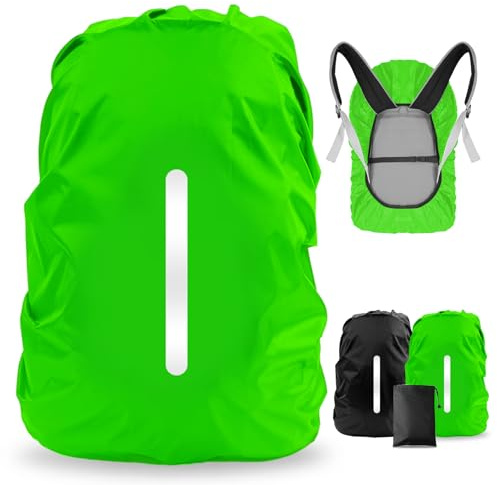 LAMA 2 Stück Wasserfeste Regenschutz Regenhülle Regenüberzug Regenhaube Regenabdeckung mit Reflexstreifen für Rucksack Schulranzen Schultasche Wandern Camping Radfahren Reisen M 30-40L Schwarz Grün