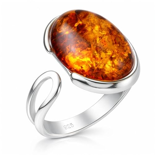 HolidayGiftShops Sterling Silver and Baltic Honey Amber Oval Adjustable Ring
