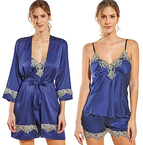 Laura in - Pigiama da Donna in Raso setoso Tinta Unita Lingerie Pigiami con Pizzo Set da 5 Pezzi Robe Accappatoio, Camicie da Notte, Top, Pantaloni, pantaloncini-1102BluS