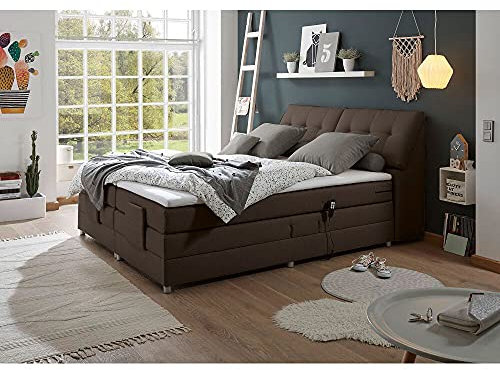 Lomadox ® Boxspringbett 180 x 200 cm Hotelbett Doppelbett, Mokka braun, elektr. verstellbar, Kopfteil aufklappbar, 7-Zonen TFK-Matratze H2, Visco-Topper