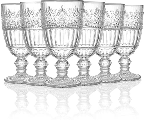 AVLA 6 Pack Glass Goblet, 350 ml /12 OZ Vintage Wine Glassware, Romantic Wedding Glass Set, Drinking Stemware Beverage Cups for Party, Bar, Champagne, Juice, Beer, Cocktail, Embossed Design
