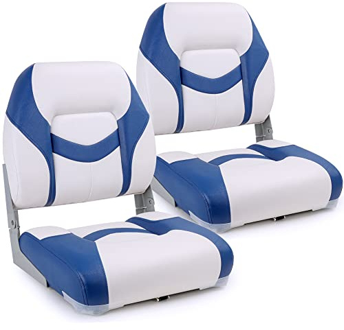 SUNDGORA Premium Marine Low Back Folding Boat Seats 2 Pack, Waterproof Fishing Boat Captain Chairs, 4 Mounting Screws Included,White/Pacific Blue