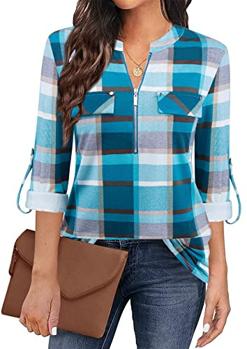 Siddhe Chemisier à manches 3/4 pour femme avec col en V et manches longues Tunique, Bleu clair à carreaux, M