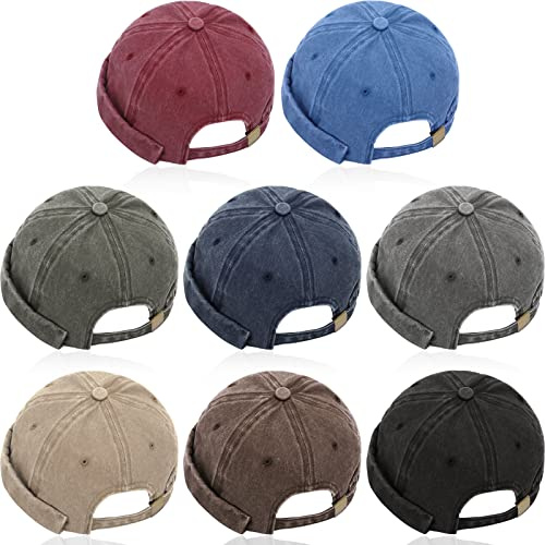 Janmercy 8 Pcs Brimless Hats for Men Women, Adjustable Docker Hat, Skullcap Rolled Cuff Beanie No Brim(Washed Denim,Dark Color)