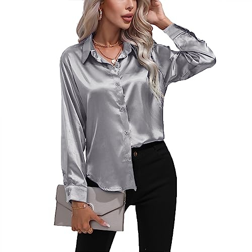 Daysskk Satin Button Down Shirts - Light Grey Silk Blouse - Long Sleeve Tops - Elegant Work Clothes - Office M