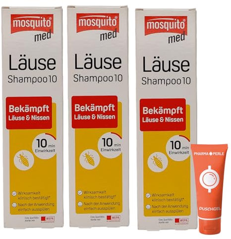 Mosquito med Läuse Shampoo 10, Bekämpft Kopfläuse und Nissen I schnell und effektiv I praktische Anwendung I Läusemittel I Läusebehandlung I Spar-Set plus Pharma Perle give-away (100 ml, 3)