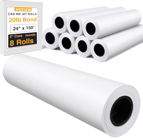 VOISEN Wide Format Paper,8 Rolls Plotter Paper 24 In x 150 Ft, CAD Bond Rolls,20lb,Bond Paper on 2 Core for CAD Printing on Wide Format Ink Jet Printers