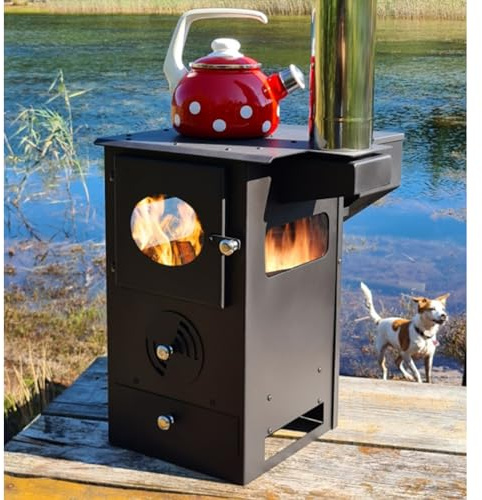 DWD® Daintree Wood Pellet Stove, 21kw Heat Output, 3 Sided Glass Viewing, Air Control System,Gravity Feeding Hopper Holds 5.5kg Fuel, 100mm S/Steel Flue, Portable Cooking Top 42x56x58cm OUTDOOR USE
