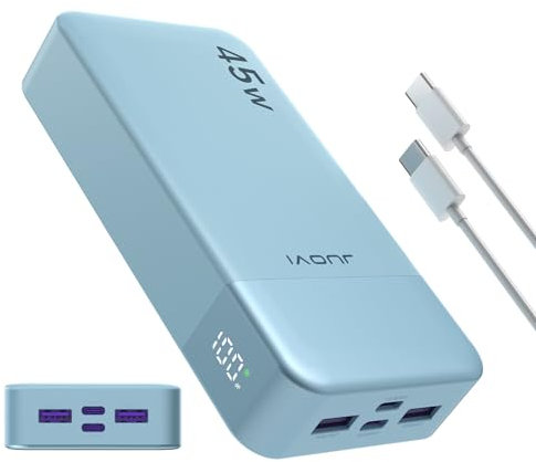 JUOVI Power Bank, 20000mAh 45W Tragbares Ladegerät, PD3.0 QC4.0 Schnelles Laden 4-Port mit LED Anzeige, Akkupack Ladegerät tragbar für MacBook, iPhone 15 14 13 Pro Samsung S23 S22 (Blau)