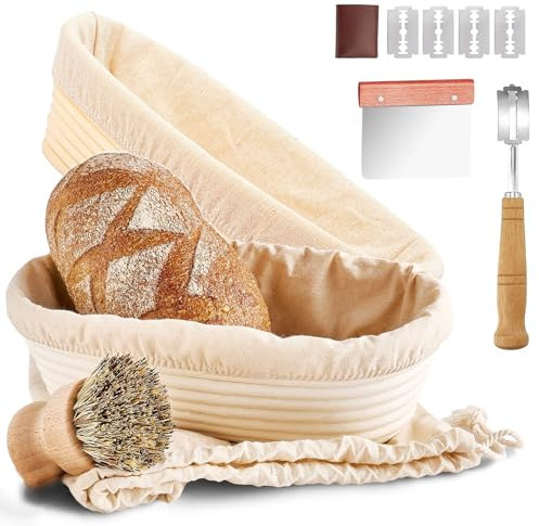 Gärkorb Oval 25cm & 30cm,Set mit Bürste Teigschaber, Bäckermesser,Brotkorb aus Nachhaltig und Natürlich Gärkorb Brot Backen Gärkörbchen für Brot,mit Brot Backen Zubehör