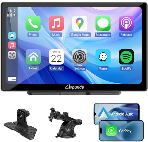 CARPURIDE C98 Pantalla Carplay de 9 Pulgadas para Coche, Compatible con CarPlay Inalámbrico/Cableado, Android Auto y Mirror Link - Audio Bluetooth, Navegación, Siri, FM, AUX