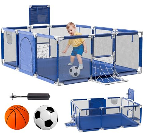 JUPPLIES Parque Infantil Bebe + Pelota de Fútbol y Baloncesto - Corralito Plegable 180 x 120 x 60cm - Parque de Juegos Con Malla Transpirable - Centro de Actividades Gimnasio Parque Cuna Azul
